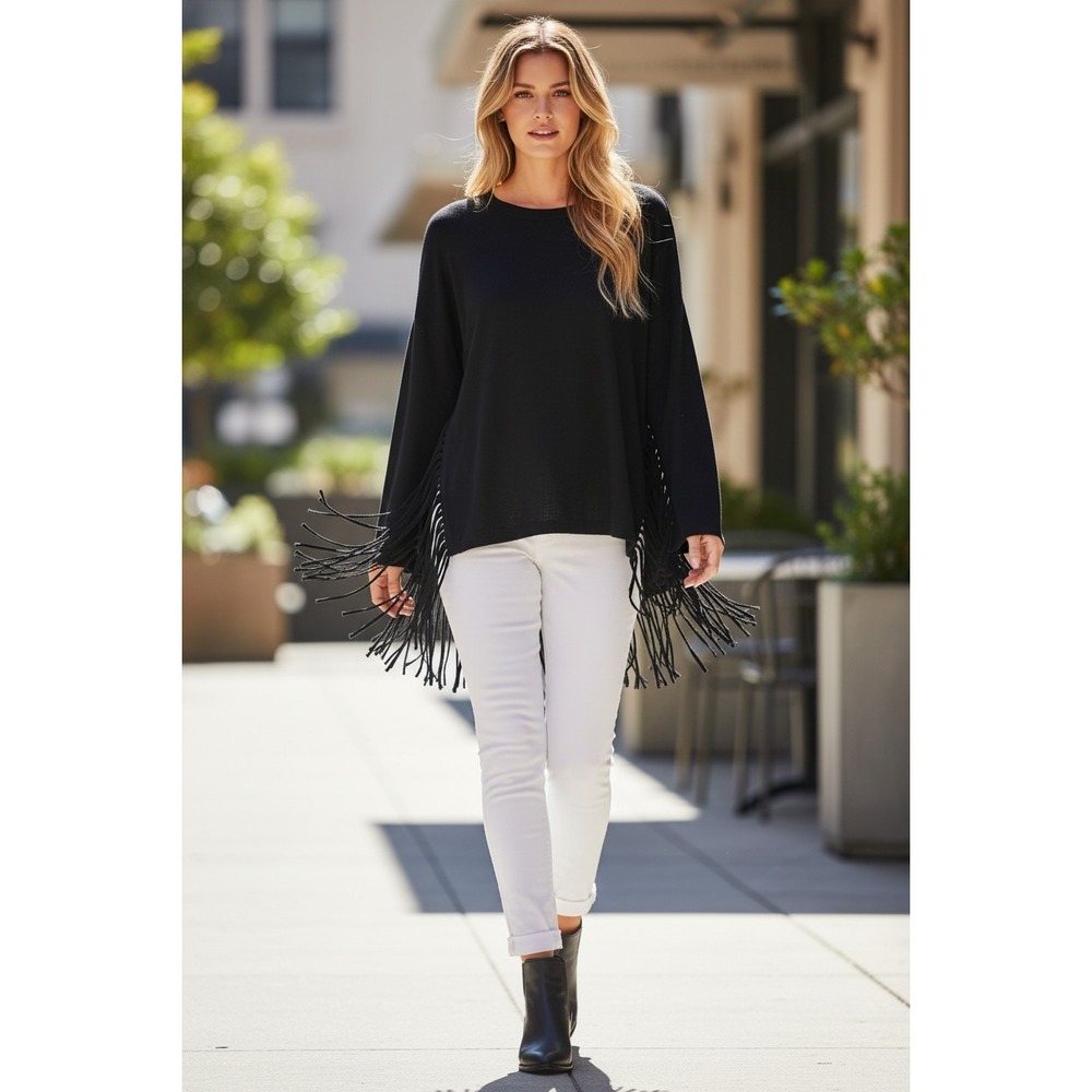 NWT Nation LTD Black Fringe Asymmetrical Knit Top Long Sleeve Boho USA L $165